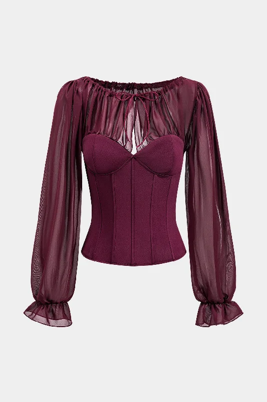 corset for alternative fashion-Chiffon Ruched PatchworkTie Front Zipper Bustier Corset Backless Long-Sleeve Top