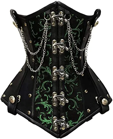 corset with velvet straps-Crawford Green Brocade & Faux Leather Underbust Corset With Chain Details