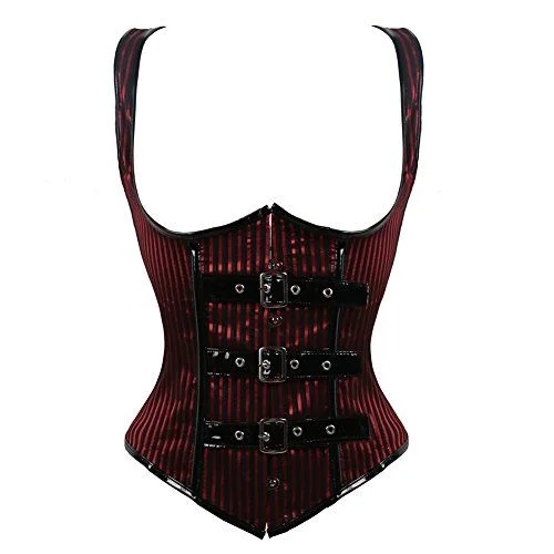 corset for vintage lingerie-Moses Red Brocade Underbust Corset With Strap