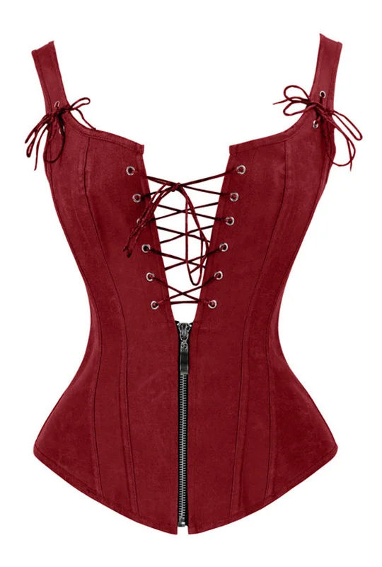 corset with leather trim-Burgundy Strappy Corset With Zip