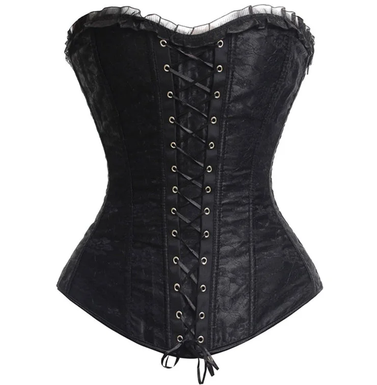 corset with layered bodice-Black Lace-Up Front Overbust Corset