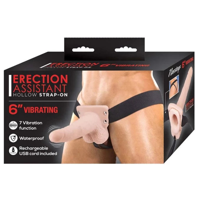 nipple suction accessories-Erection Assistant ''Hollow Vibrating'' Strap On 6 inch -Flesh