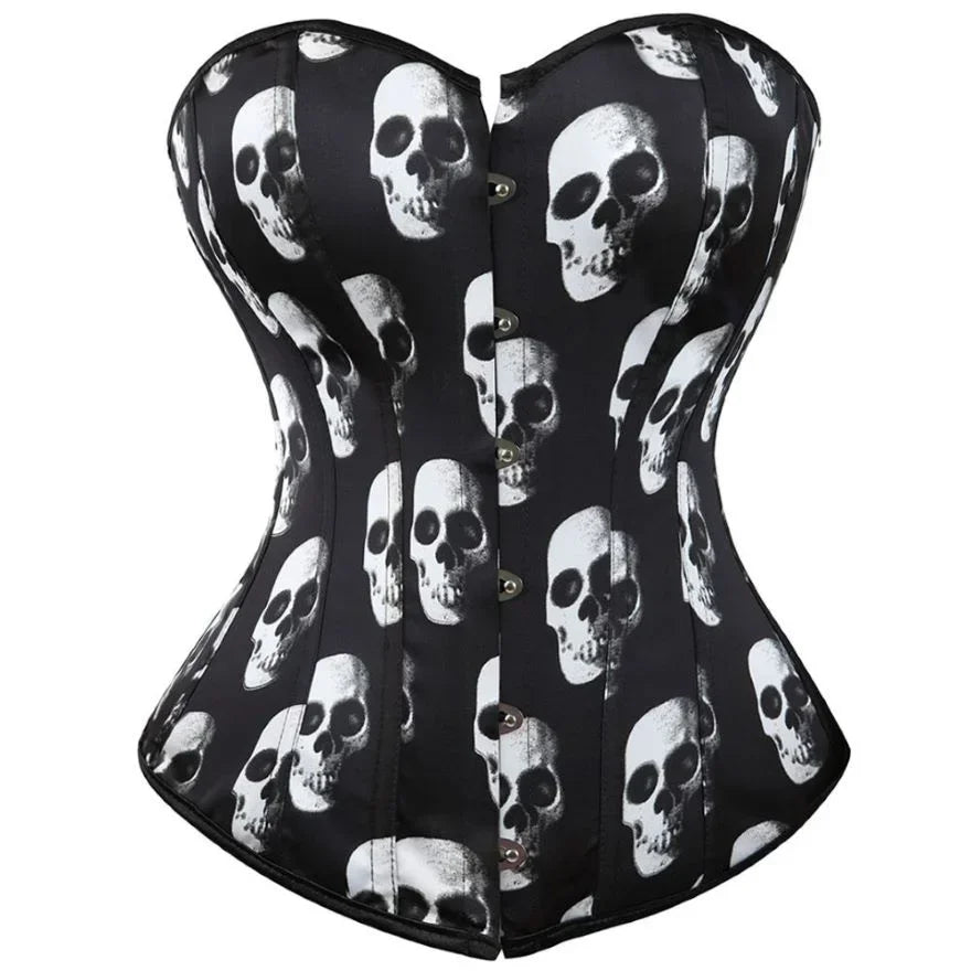 corset with silver hardware-Women's Skull Print Gothic Vintage Corset Overbust Body Shaper