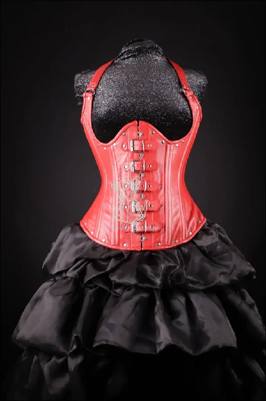 dildo pump accessories-Leather Underbust Corset; Buckle Halter in Red