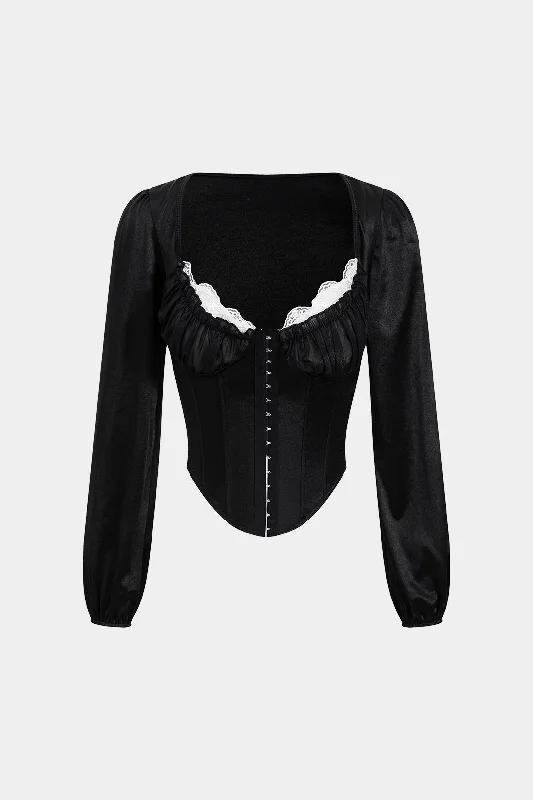 corset with deep V-neck-Satin Button Patchwork Corset Long-Sleeve Shirt