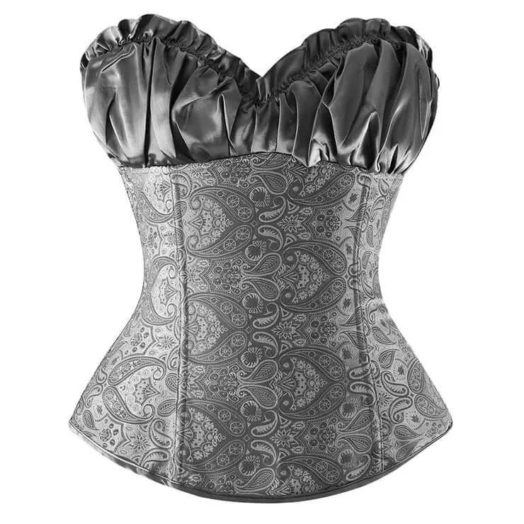 corset with floral embroidery-Silver Jacquard Overbust Corset