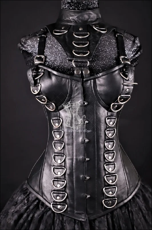 anal toy cleaner accessories-Leather Overbust Corset; D Rings with a removable Neck Piece in all Black