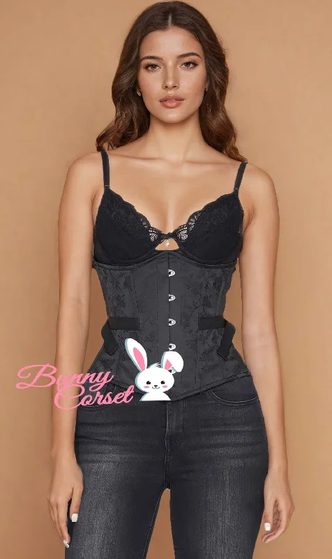 corset for winter layering-Ellisha Underbust Black Brocade Corset with Fan Lacing