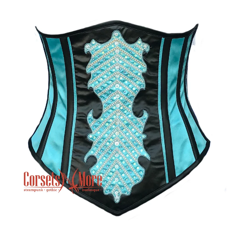 corset for vintage lingerie-Plus Size Baby Blue And Black Satin With Sequins LONGLINE Underbust Corset Burlesque Costume