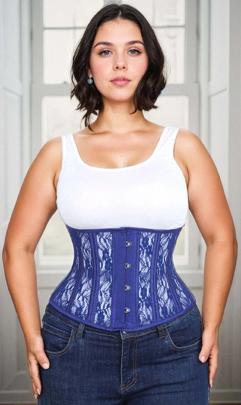 corset for party dress-Waist Trainer Blue Mesh with Lace Standard Corset