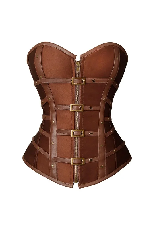 Victorian corset design-Brown Leather and Satin Buckle Corset with Zip Front