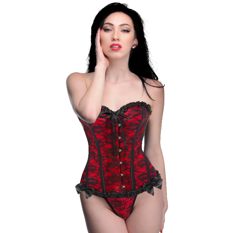 corset with embroidered lace-Scarlet Seduction Lace-up Corset and Thong - Large