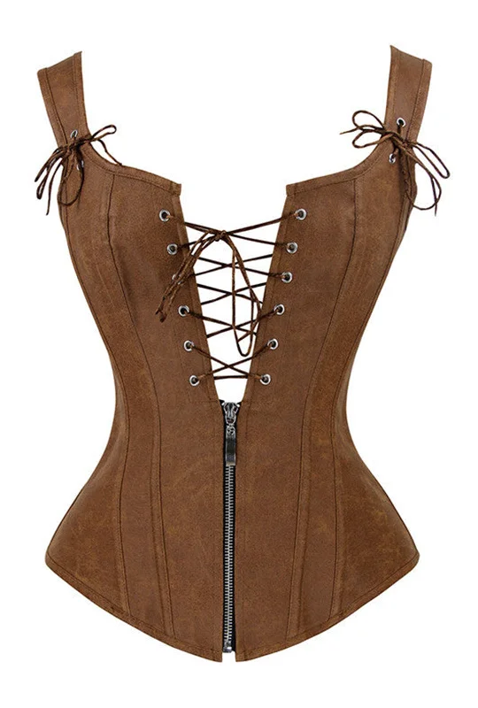 corset for gothic gown-Tan Strappy Corset With Zip