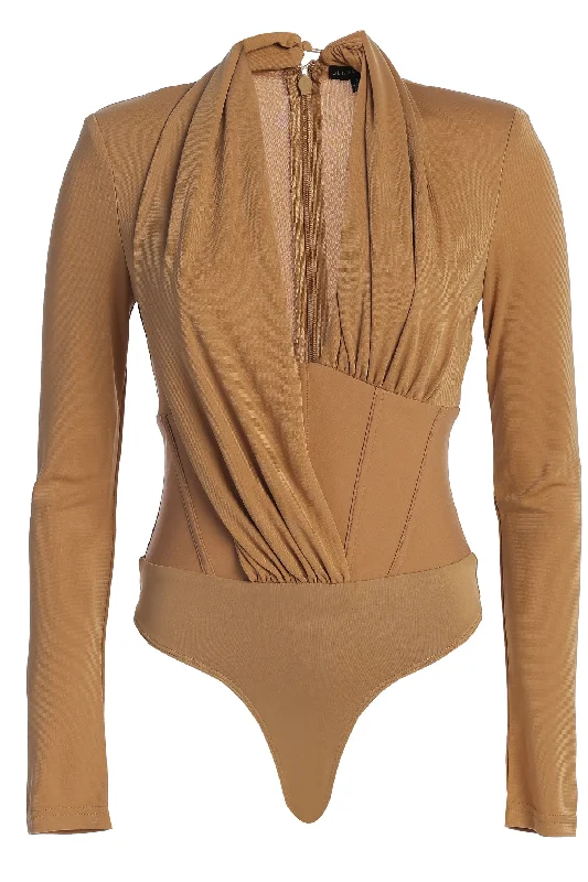 corset for lingerie set-Tan Drape Corset Bodysuit