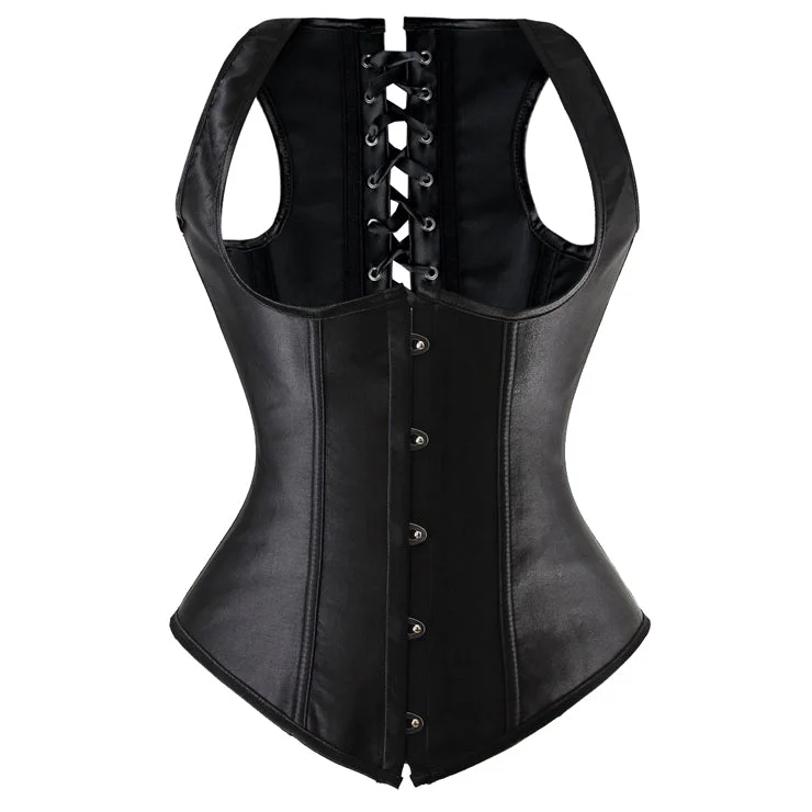 corset with embroidered trim-Black Satin Underbust Corset Vest