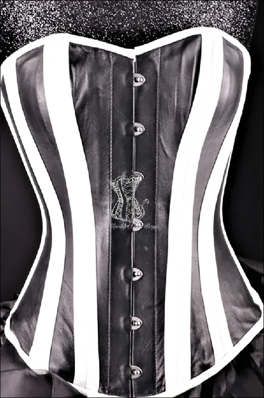 BDSM play accessories-Leather Overbust Corset; Best in Black & White