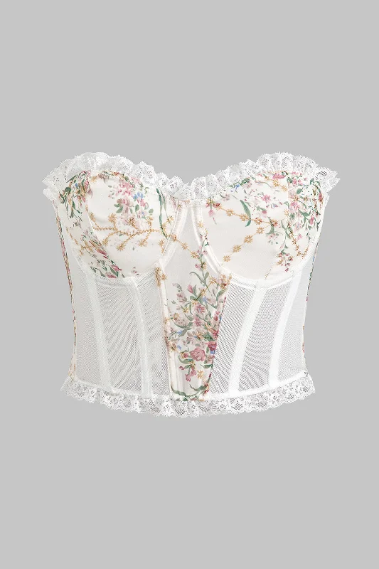 corset with lace overlay-Floral Print Mesh Button Bustier Corset Tube Top