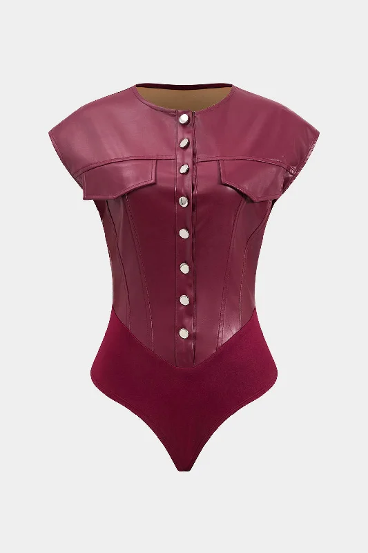 corset with ruched fabric-Faux Leather Button Fake Pocket Corset Bodysuit