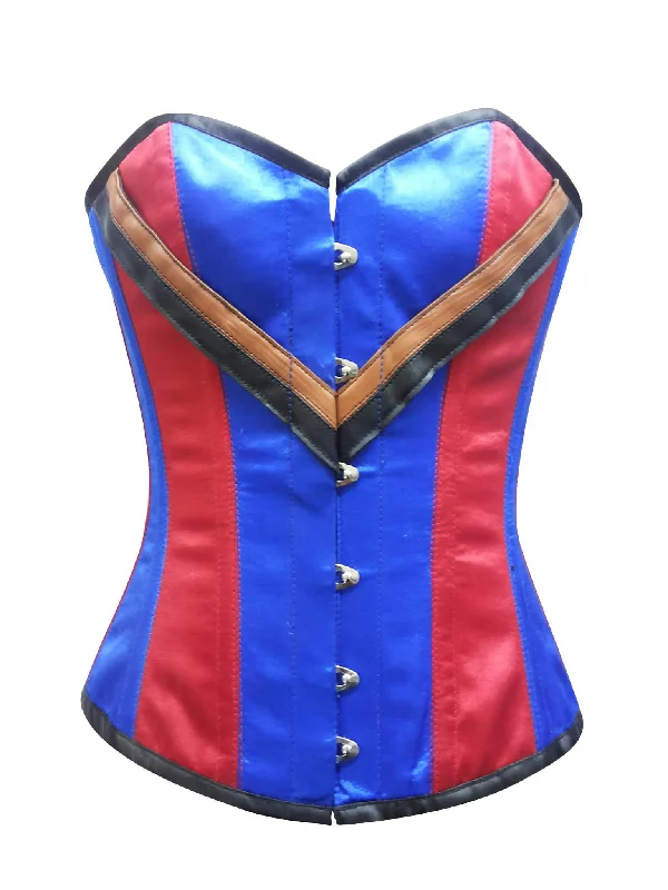 corset with faux fur-Plus Size Red Blue Satin V Leather Straps Gothic Steampunk Waist Training Bustier Burlesque Overbust Corset Costume