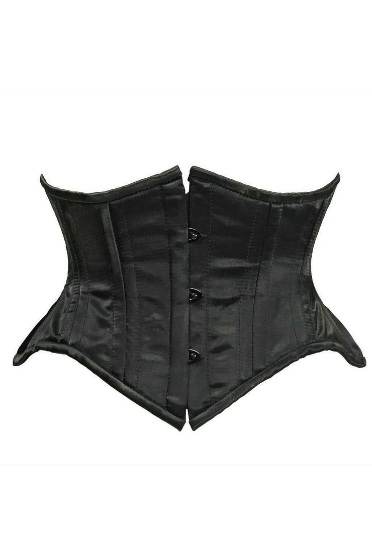 corset for medieval costume-Daisy Corset Top Drawer Black Satin Double Steel Boned Curvy Cut Waist Cincher