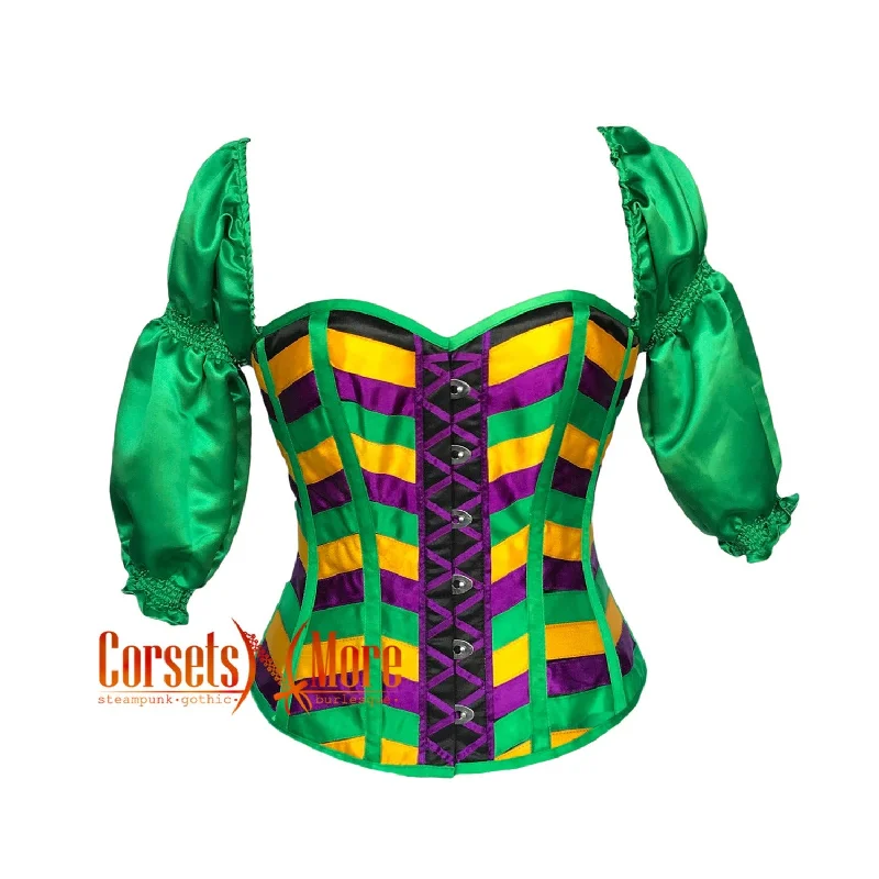 corset for avant-garde look-Plus Size Green Purple and Yellow Striped Satin Mardi Gras Costume Corset With Puff Sleeves