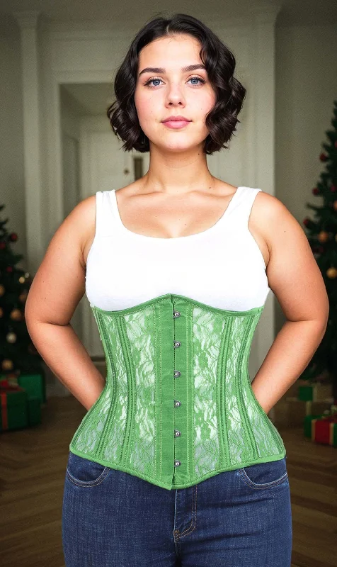 corset with high neckline-Green Mesh with Lace Long Underbust Corset