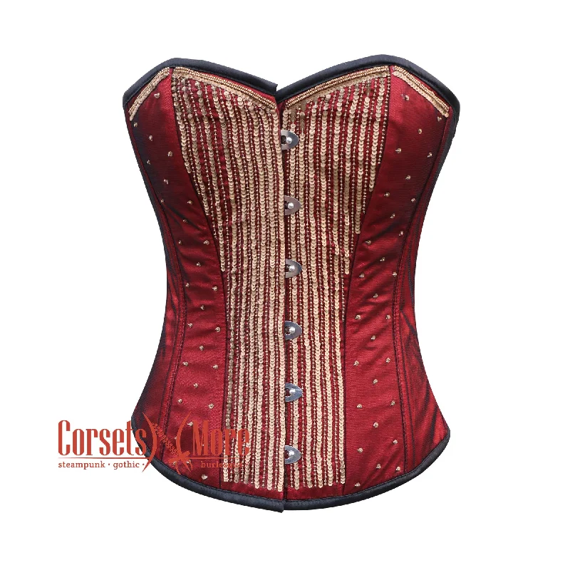 corset with hook closure-Plus Size Red Satin Net Gold Sequins Hand Work Burlesque Gothic Costume Overbust Bustier Top