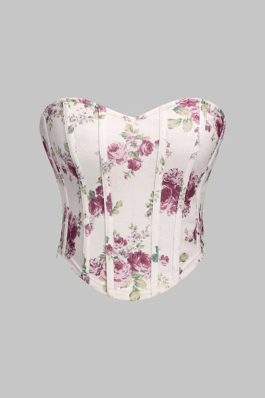 corset for bridal party-Floral Print Zippper Bustier Corset Tube Top