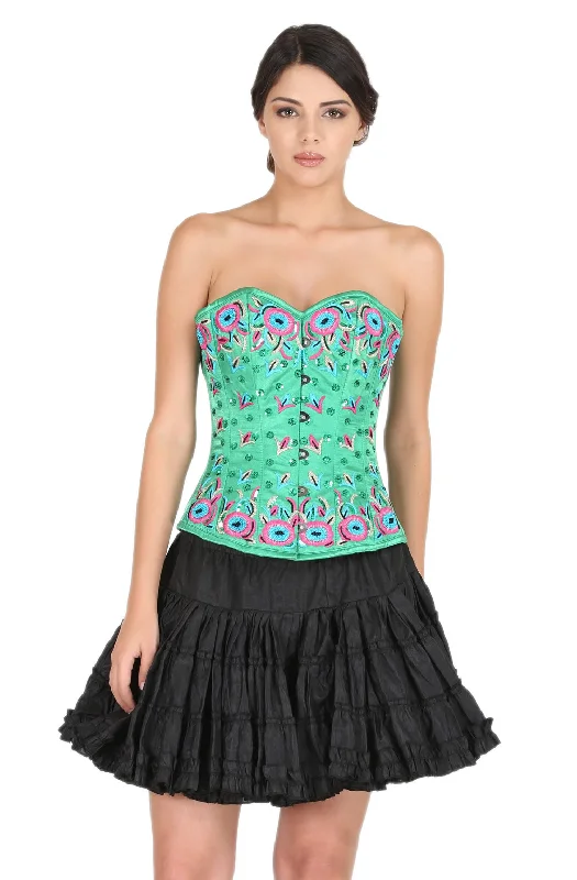 corset with cut-out design-Plus Size Green Satin Thread And Sequins Embroidery Handwork Overbust Corset