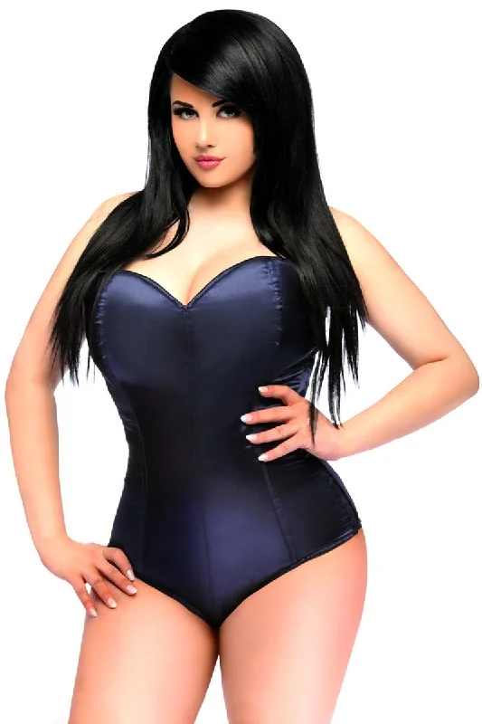 corset with crisscross straps-Navy Blue Satin Corset Romper LV-403