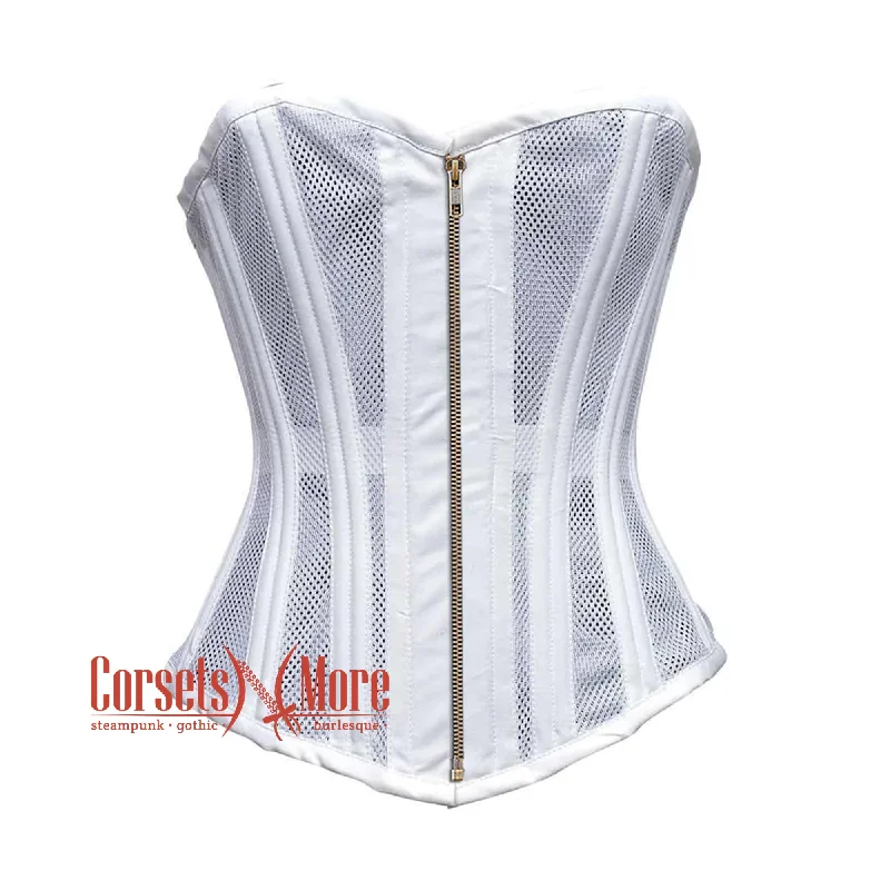 corset with leather straps-Plus Size White Satin With Mesh Burlesque Gothic Overbust Corset Bustier Top