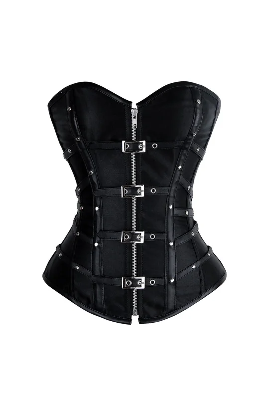 corset with plunging hem-Black Leather and Satin Buckle Corset with Zip Front