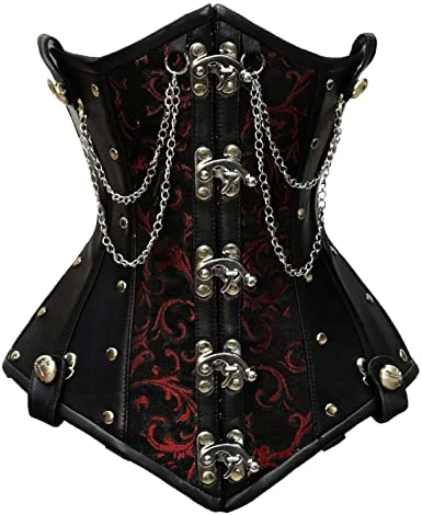 corset with lace-up sleeves-Flodin Red Brocade & Faux Leather Underbust Corset With Chain Details