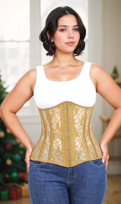 corset with embroidered roses-Underbust Plus Size Gold Mesh with Sequin Lace Corset