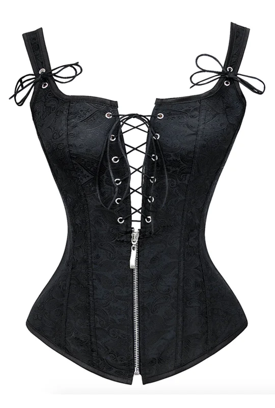 corset with scalloped hem-Black Jacquard Strappy Corset With Zip