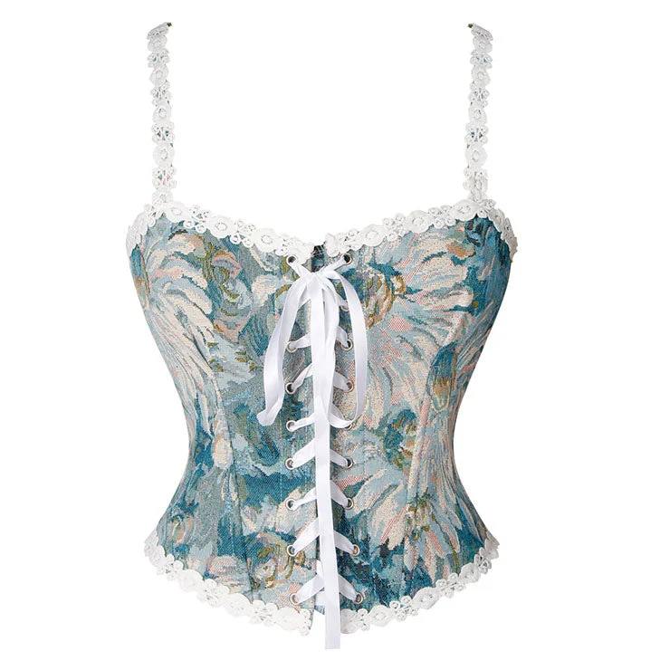 corset with pearl hem-Blue Floral Corset with Straps