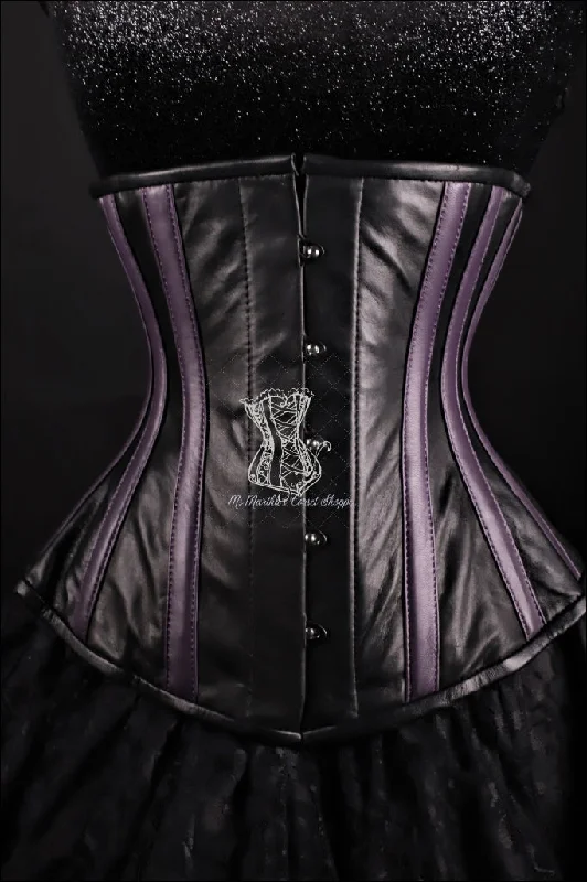 penis pump accessories-Leather Underbust Cincher; Striped in Black & Purple