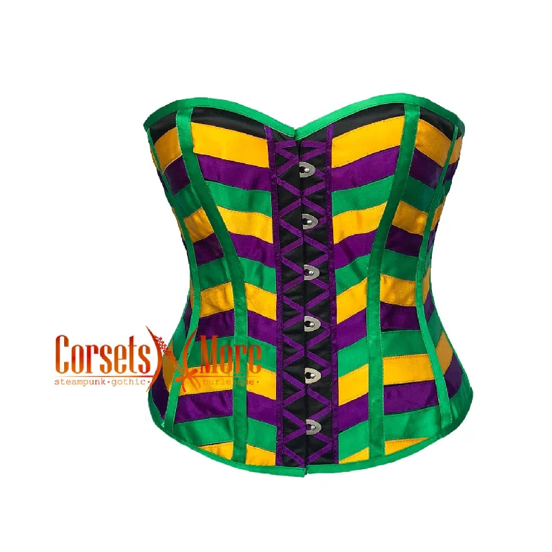 corset for winter fashion-Plus Size Green Purple and Yellow Satin Multi Color Striped Costume for Mardi Gras Overbust Corset Top