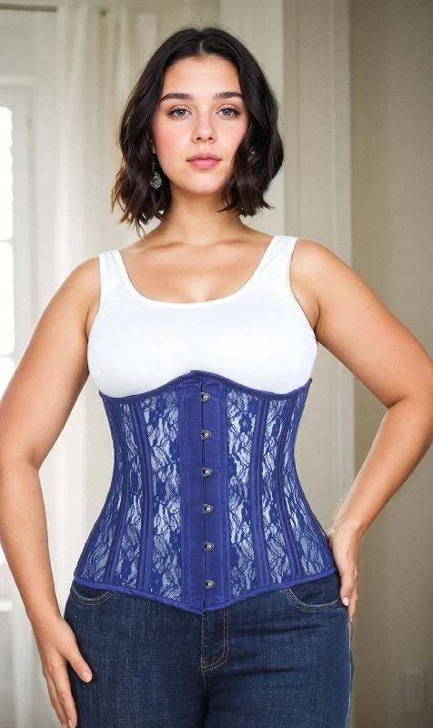 corset with ruched fabric-Plus Size Blue Mesh with Lace Long Underbust Corset