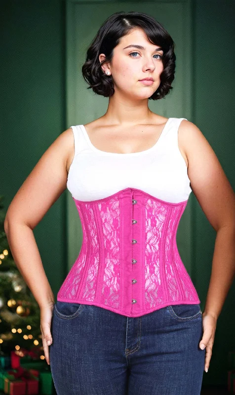 corset with polka dots-Plus Size Fuchsia Mesh with Lace Long Underbust Corset