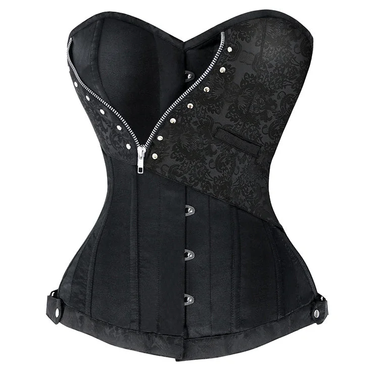 corset with flared trim-Black Jacquard Steel Boned Corset with Zip