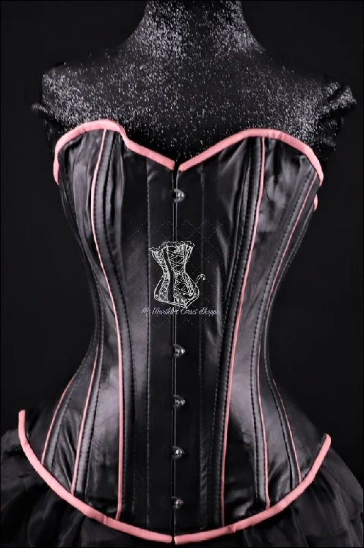 nipple stimulation accessories-Leather Overbust Corset; Piping Series - Black with Pink Piping