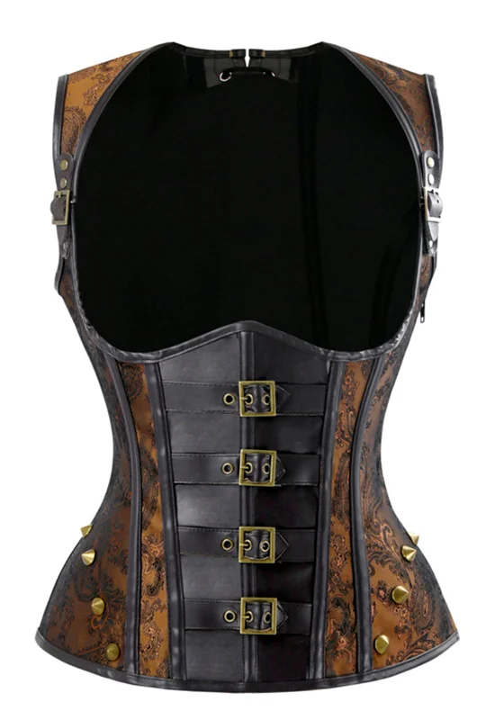 corset with lace trim-Brown Pleather Underbust Corset Vest