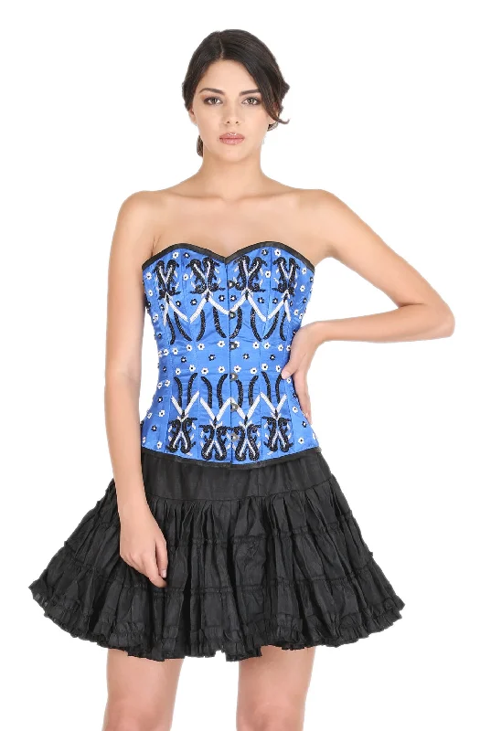 corset for retro fashion-Plus Size Blue Satin Handmade Sequins Burlesque Overbust Corset Top