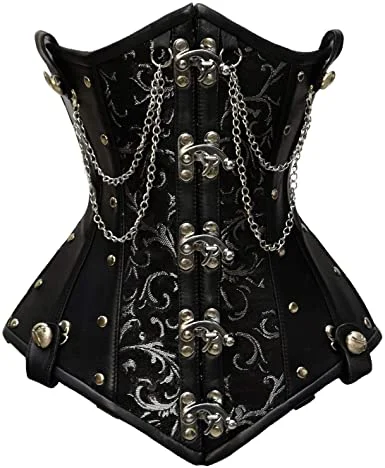 corset for custom fit-Goel Silver Brocade & Faux Leather Underbust Corset With Chain Details