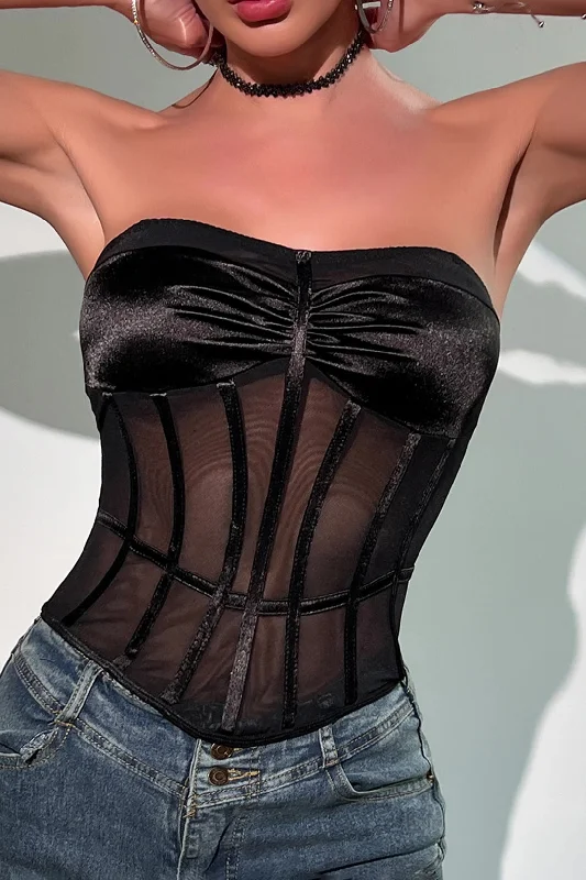 corset for runway model-Mesh Satin Ruched Sheer Backless Bustier Corset Tube Top