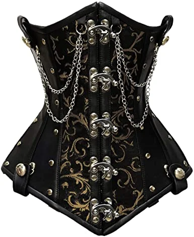 corset with satin ribbons-Mariasela Gold Brocade & Faux Leather Underbust Corset With Chain Details