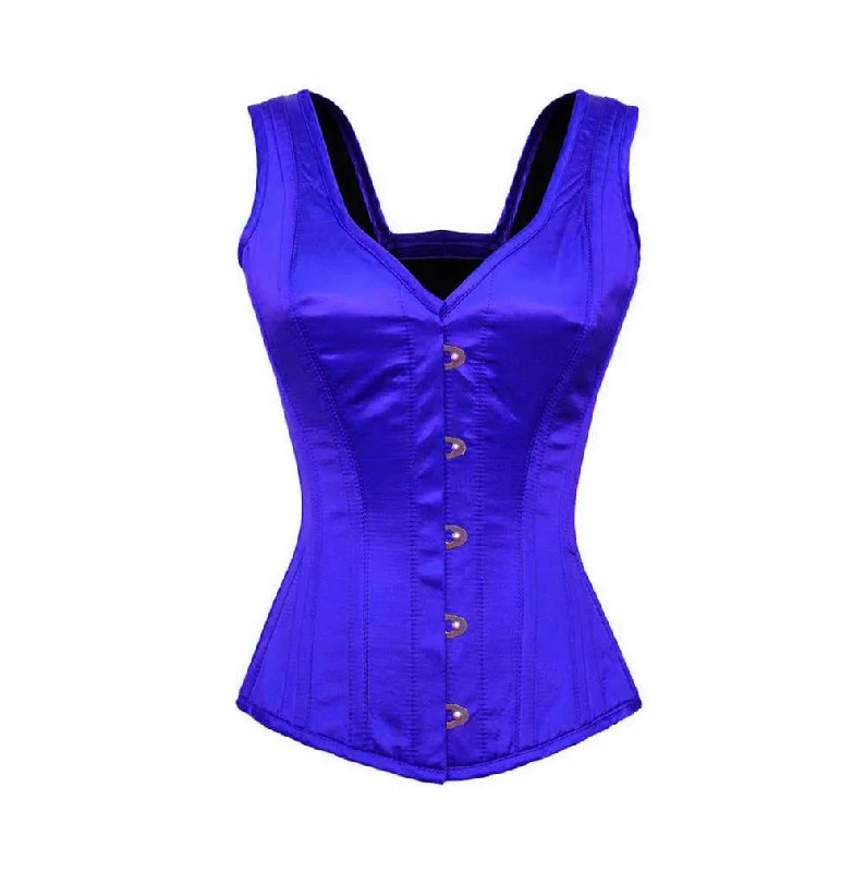 corset for cosplay event-Plus Size Blue Satin Corset Shoulder Straps Gothic Burlesque Waist Training Overbust