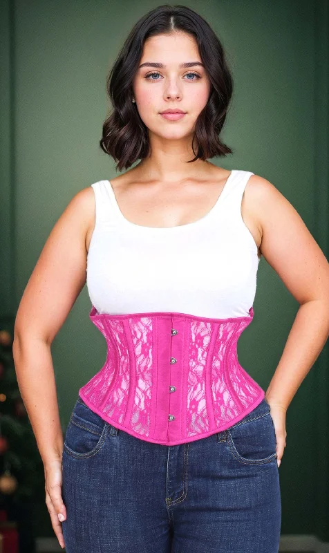 corset for festival outfit-Underbust Fuchsia Mesh with Lace Waspie Corset