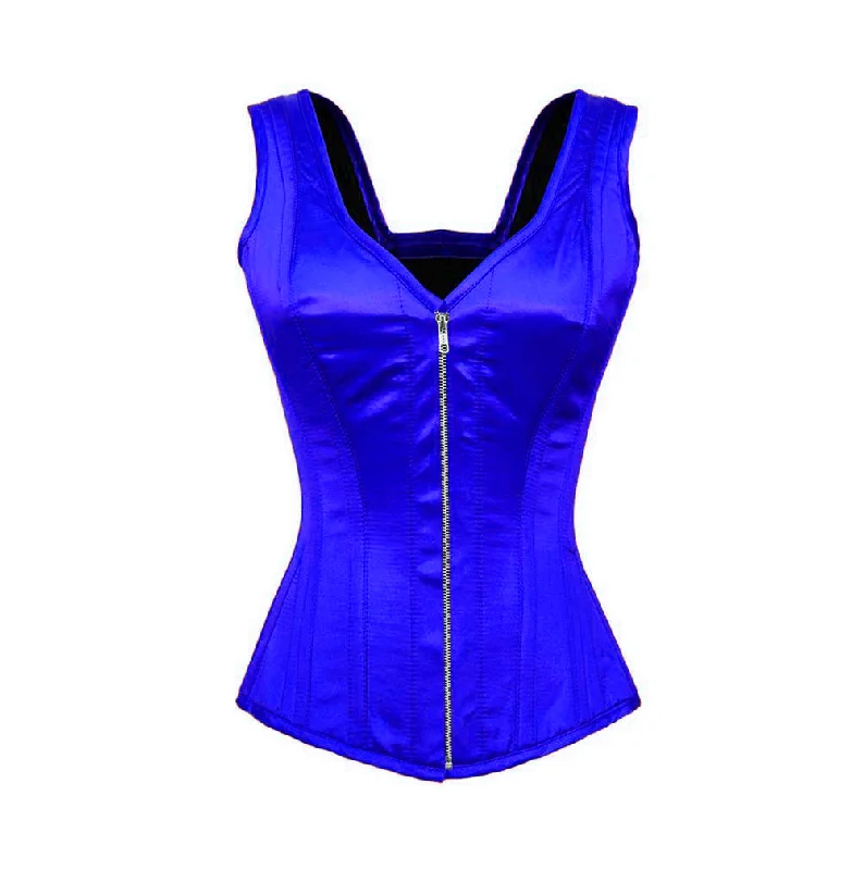 corset with back lacing-Plus Size Blue Satin Shoulder Straps Burlesque Bustier Overbust Waist Training Corset